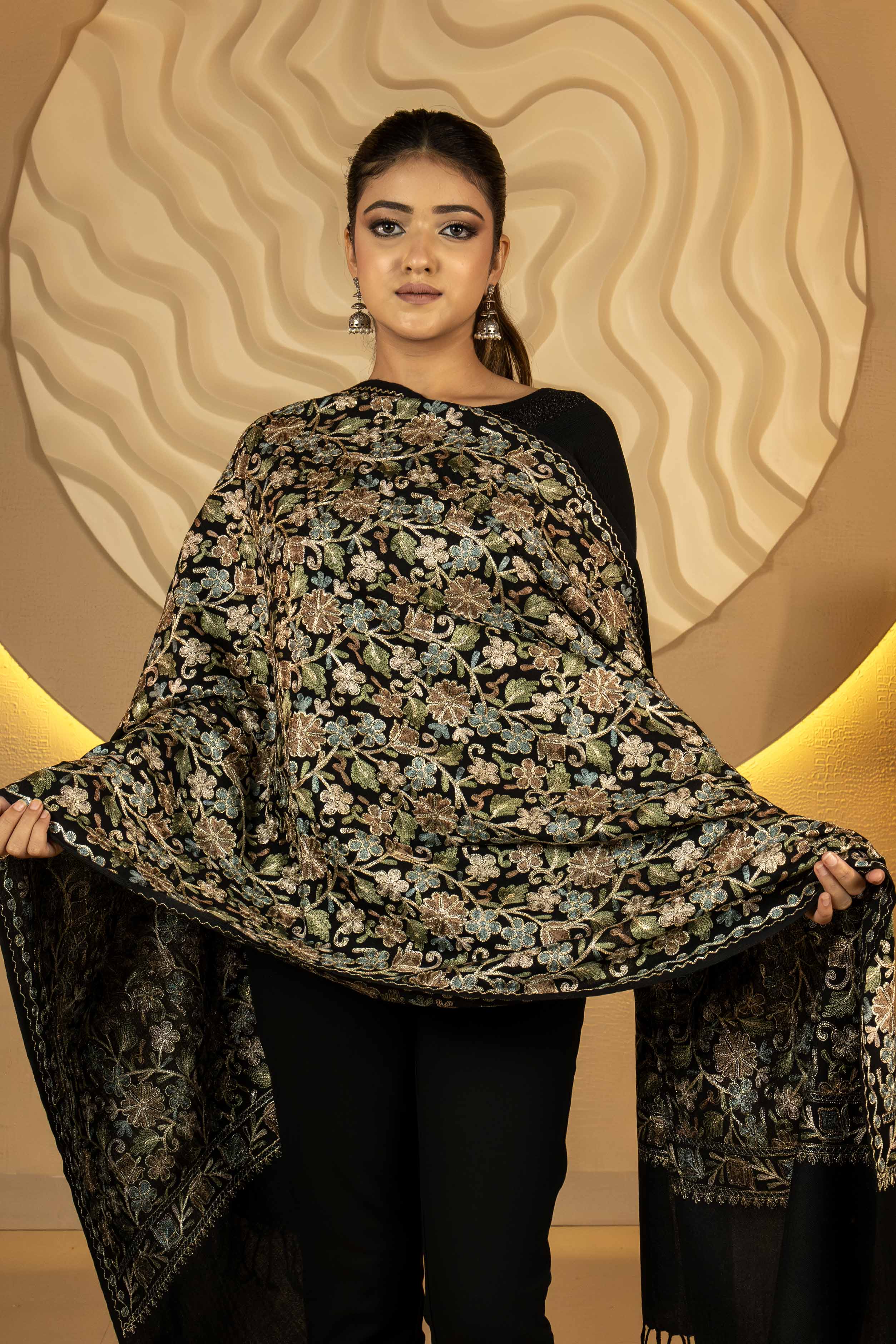 Aari Embroidered Black Pure Wool Stole For Women